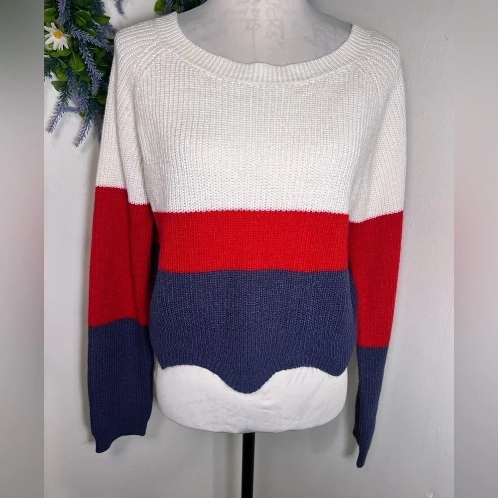Derek Heart, L, long sleeve, boatneck, color-block, cable knit crop sweater